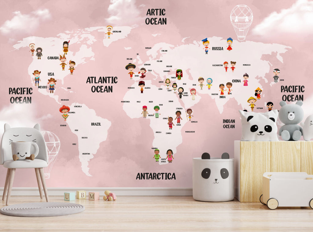 Pink Kids World Map Wallpaper : Children Of The World Mural