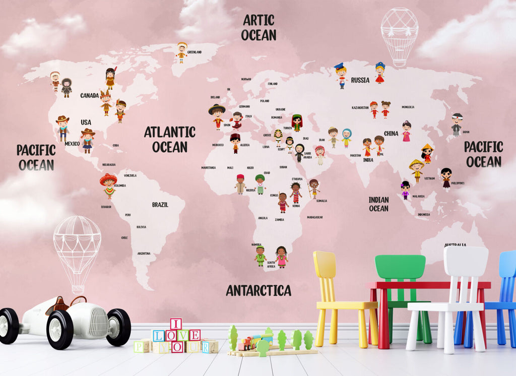 Pink Kids World Map Wallpaper : Children Of The World Mural - View 2