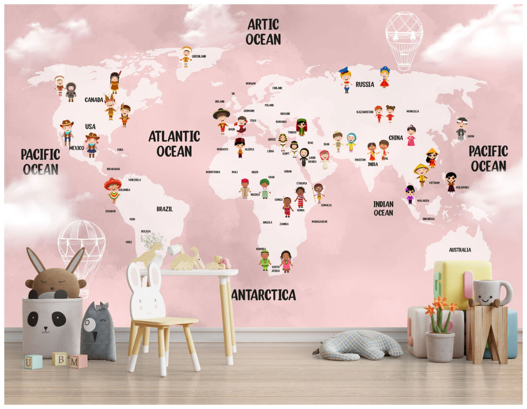 Pink Kids World Map Wallpaper : Children Of The World Mural - View 3