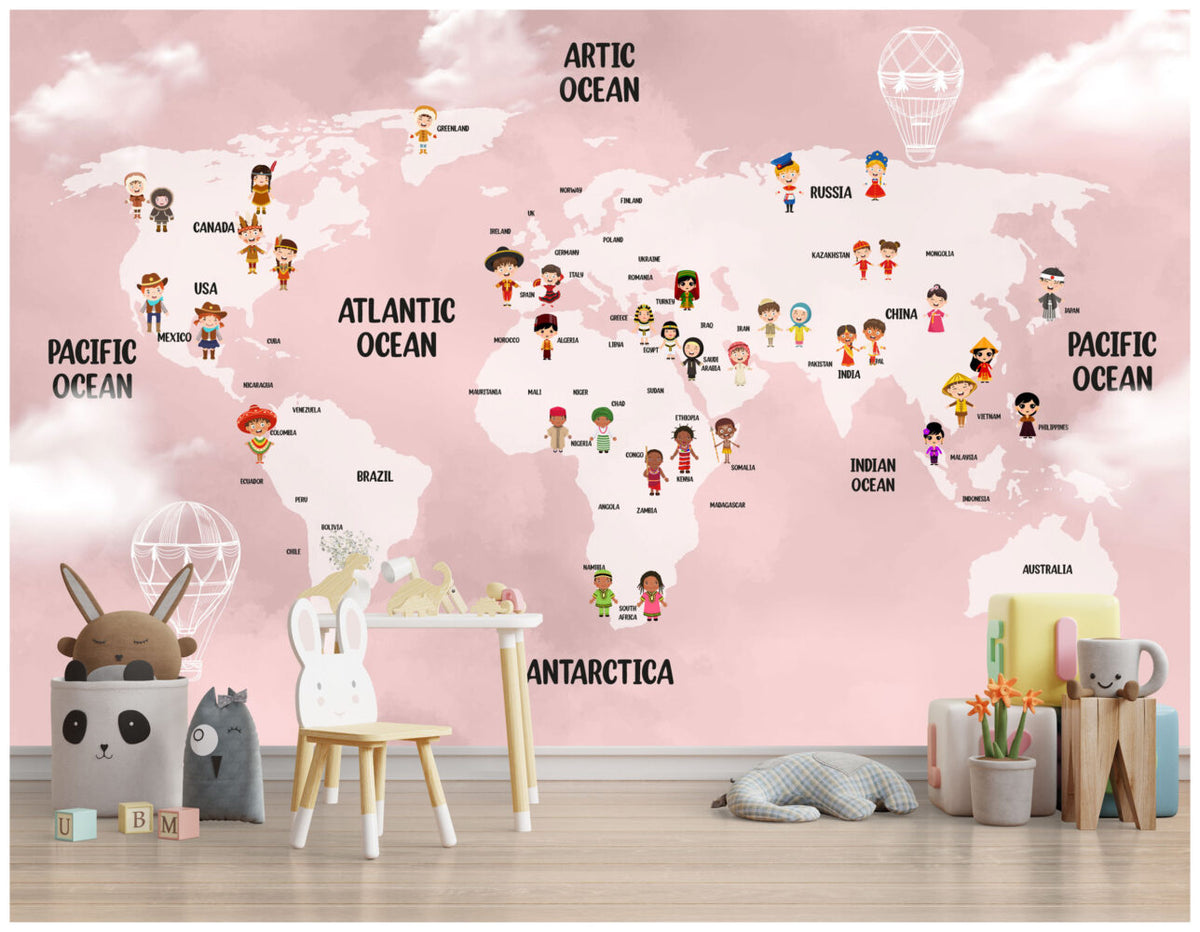 Pink Kids World Map Wallpaper : Children Of The World Mural - View 3