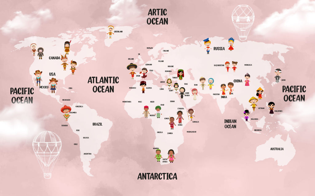 Pink Kids World Map Wallpaper : Children Of The World Mural - flat design