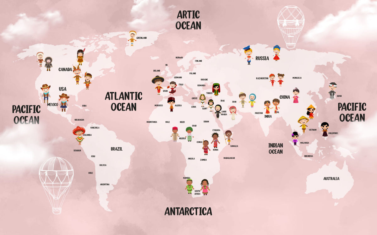 Pink Kids World Map Wallpaper : Children Of The World Mural - flat design