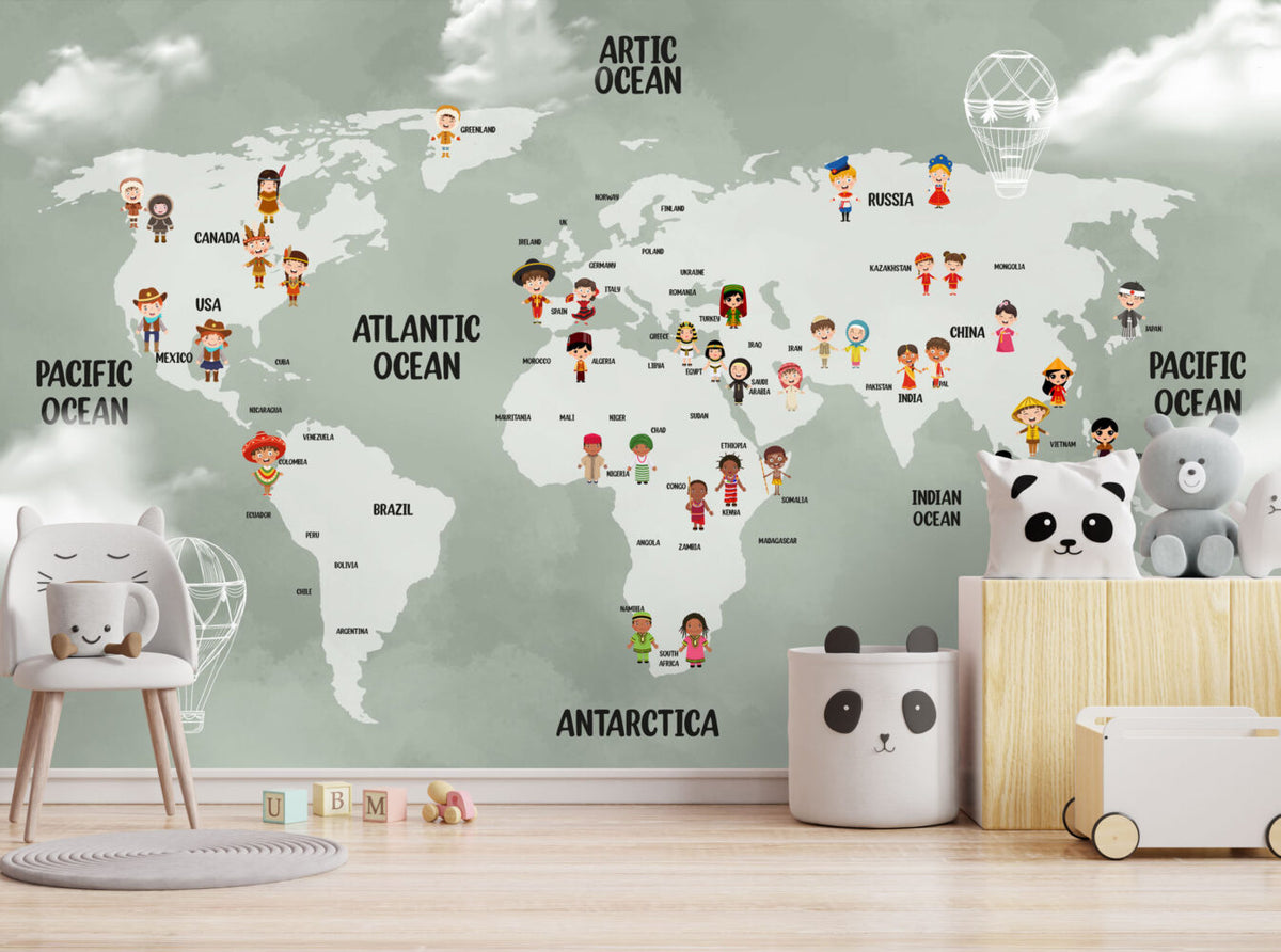 Sage Kids World Map Wallpaper : Children Of The World Mural - View 3