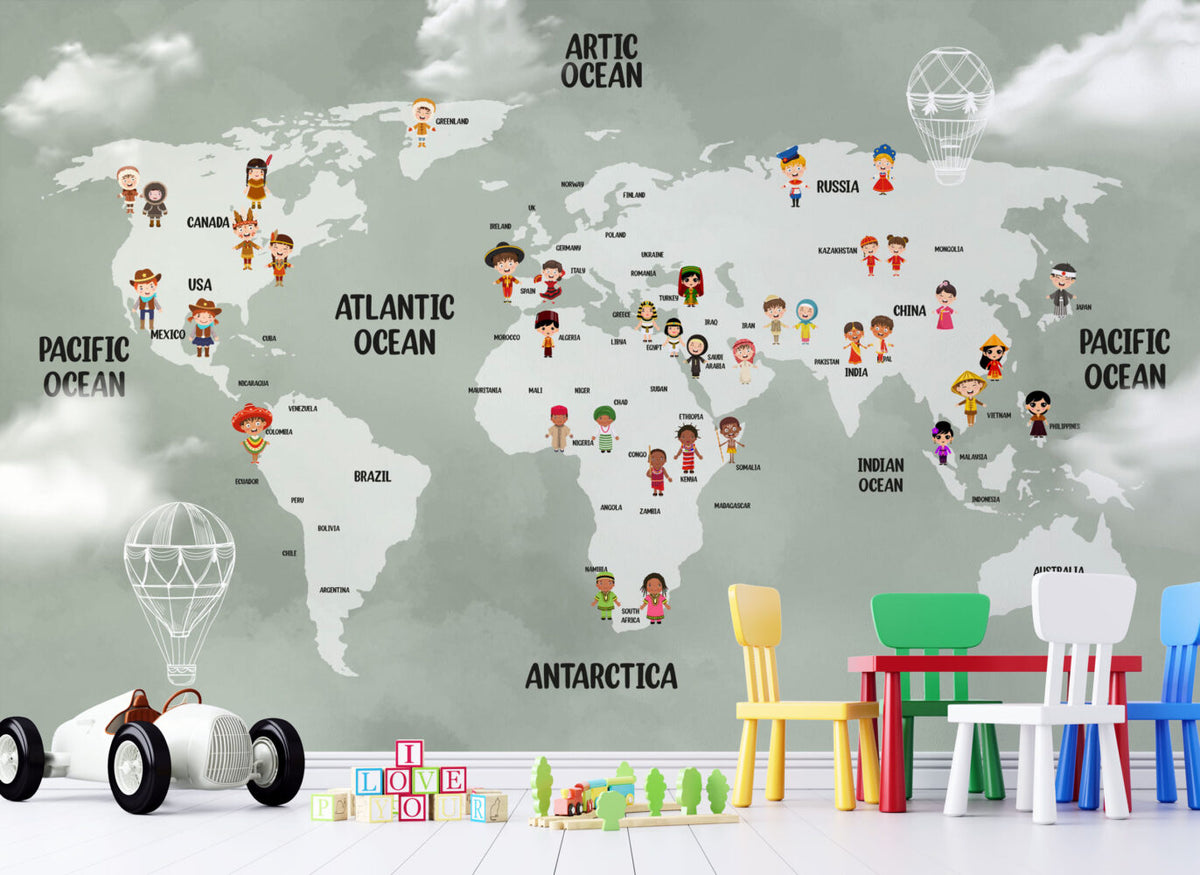 Sage Kids World Map Wallpaper : Children Of The World Mural