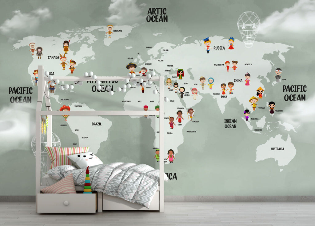 Sage Kids World Map Wallpaper : Children Of The World Mural - View 4