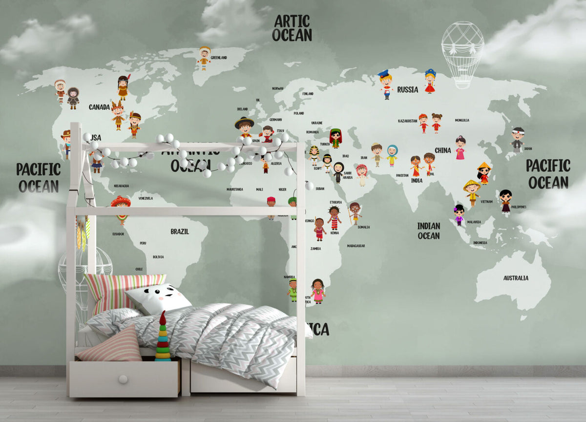 Sage Kids World Map Wallpaper : Children Of The World Mural - View 4