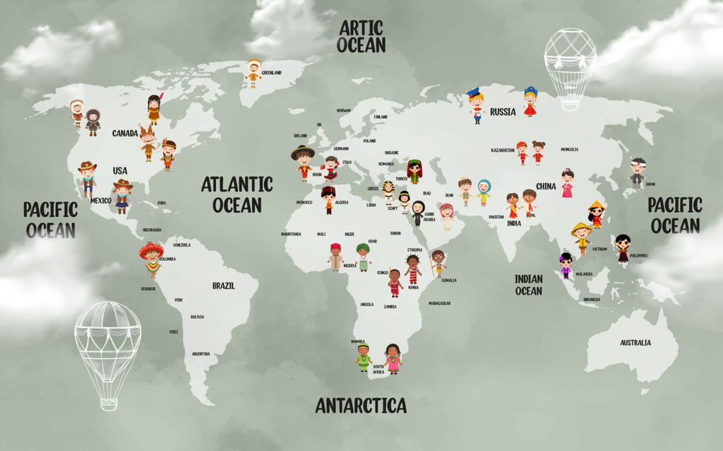Sage Kids World Map Wallpaper : Children Of The World Mural - flat design