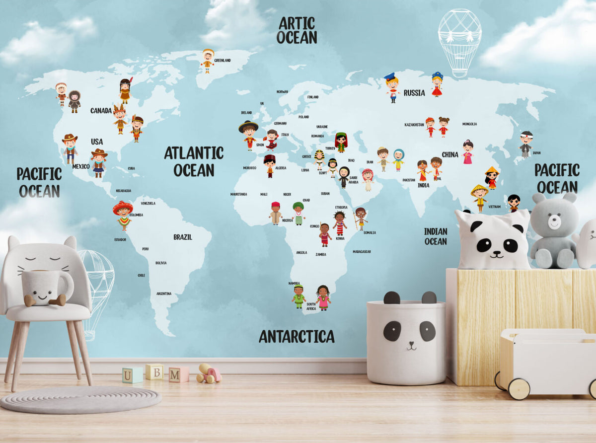 Blue Kids World Map Wallpaper : Children Of The World Mural - View 3
