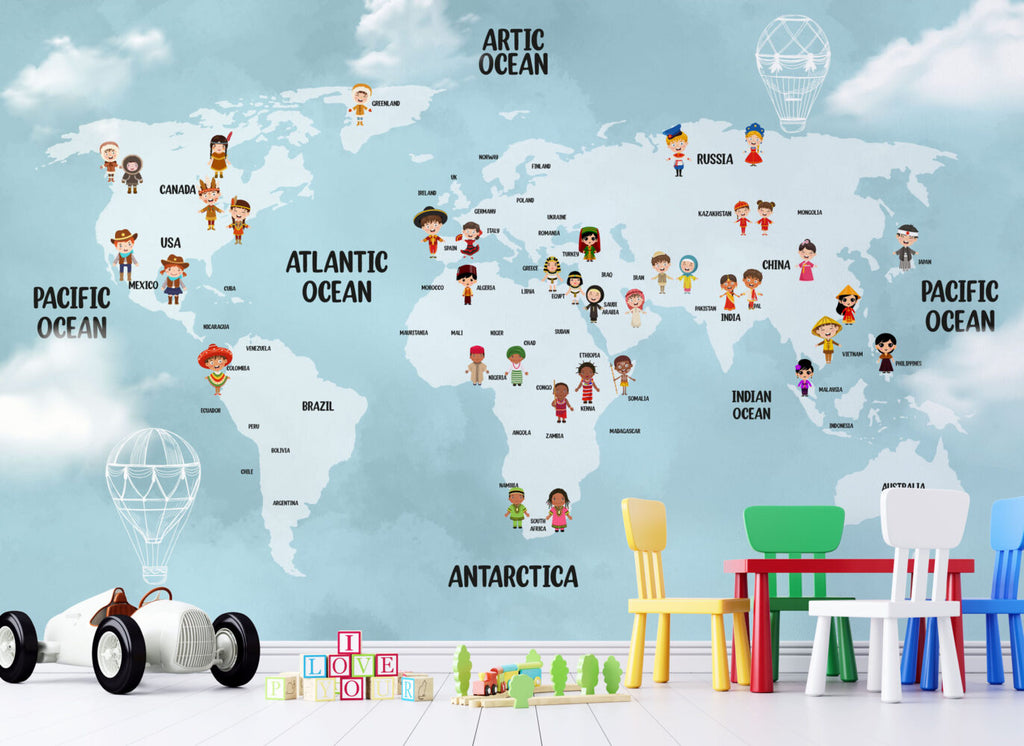 Blue Kids World Map Wallpaper : Children Of The World Mural - View 5
