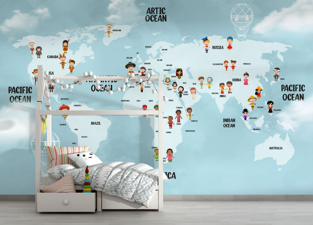 Blue Kids World Map Wallpaper : Children Of The World Mural - View 4
