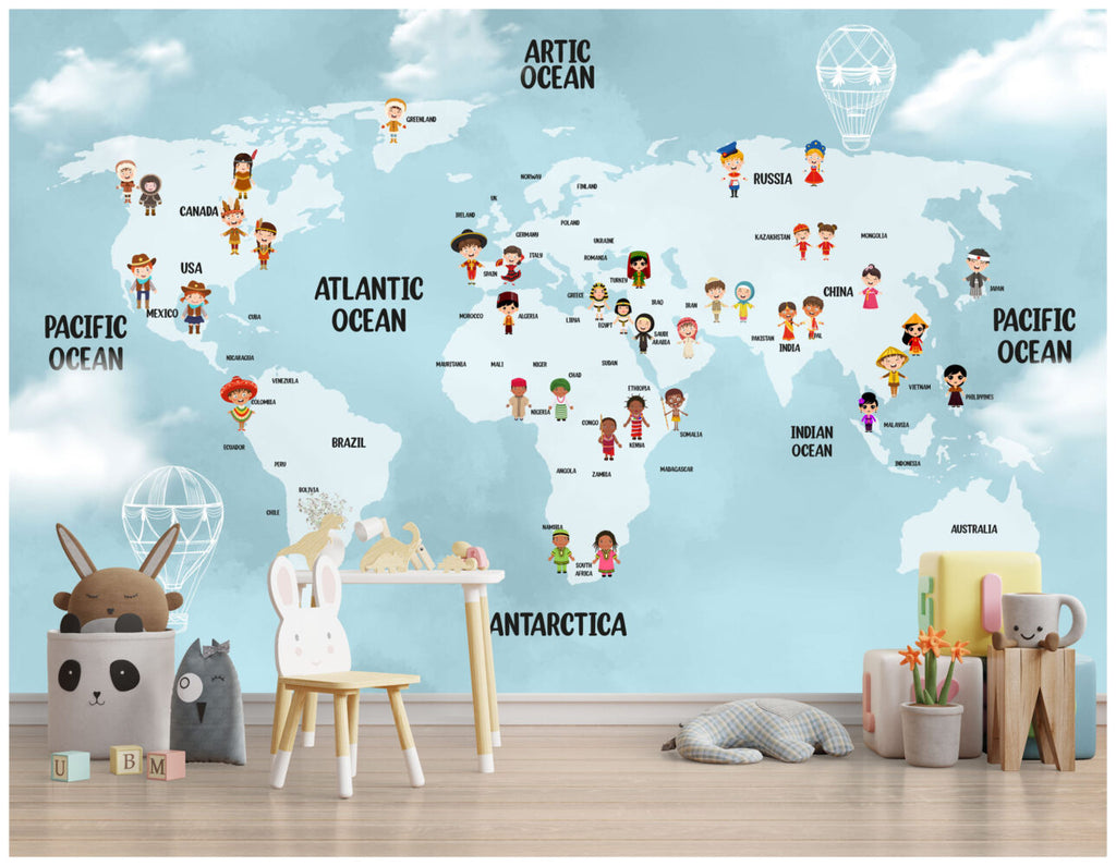 Blue Kids World Map Wallpaper : Children Of The World Mural - View 2