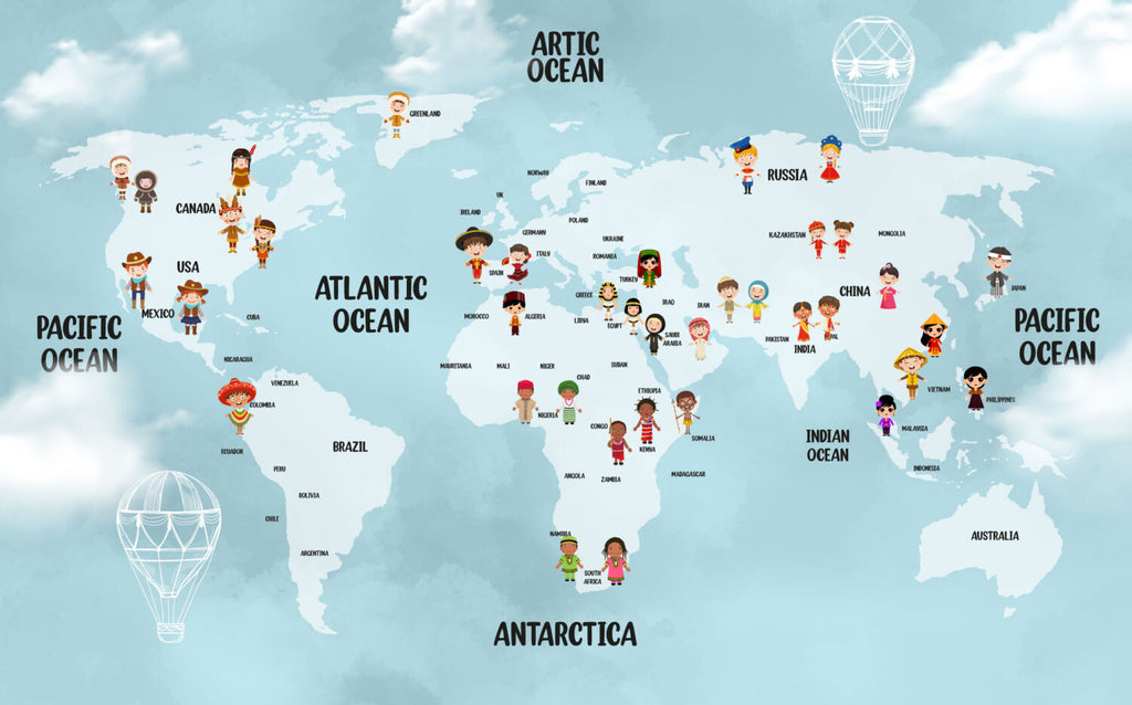 Blue Kids World Map Wallpaper : Children Of The World Mural - flat design