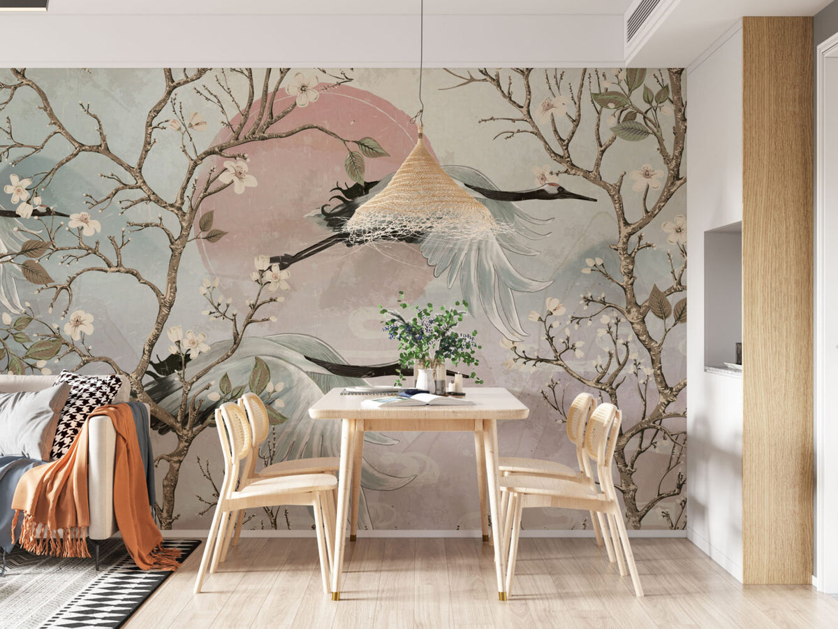 Chinoiserie Crane Wallpaper : Blush Sunrise Blossom Branch Mural - View 3