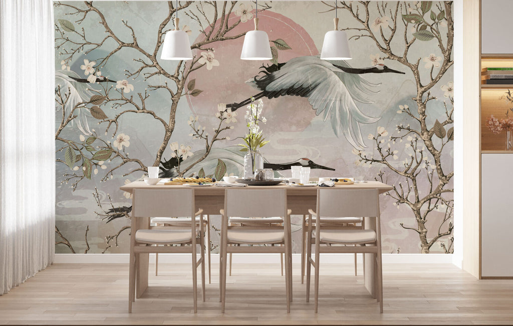 Chinoiserie Crane Wallpaper : Blush Sunrise Blossom Branch Mural - View 2