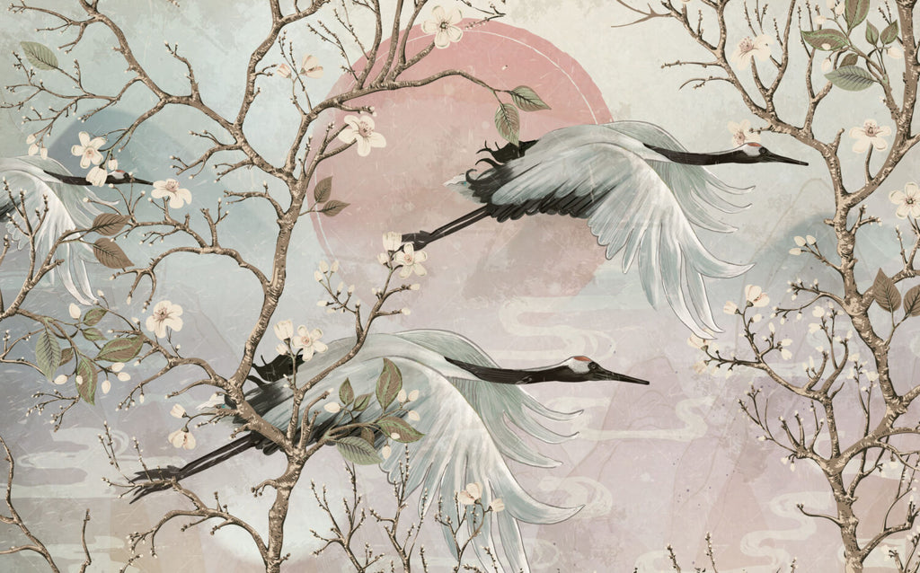 Chinoiserie Crane Wallpaper : Blush Sunrise Blossom Branch Mural