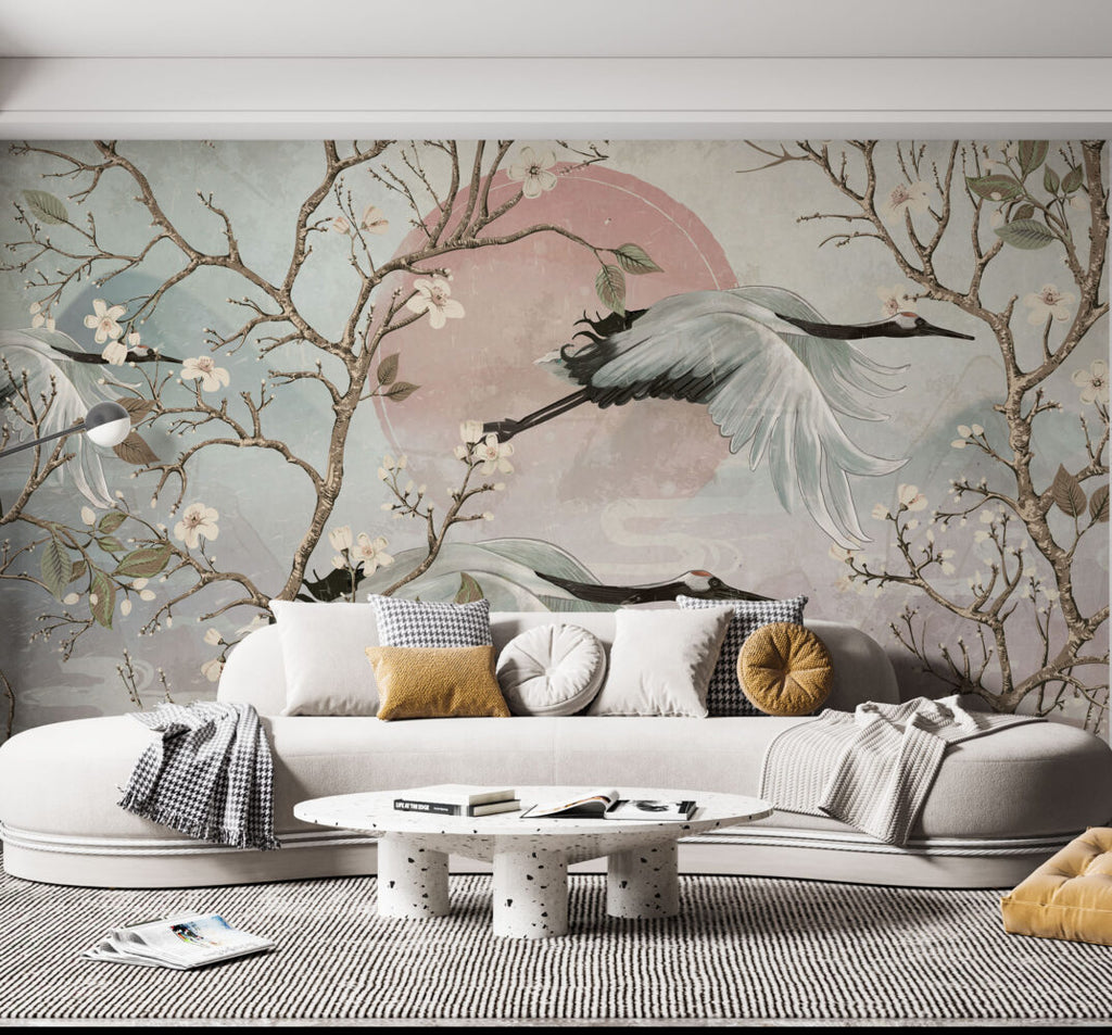 Chinoiserie Crane Wallpaper : Blush Sunrise Blossom Branch Mural - flat design