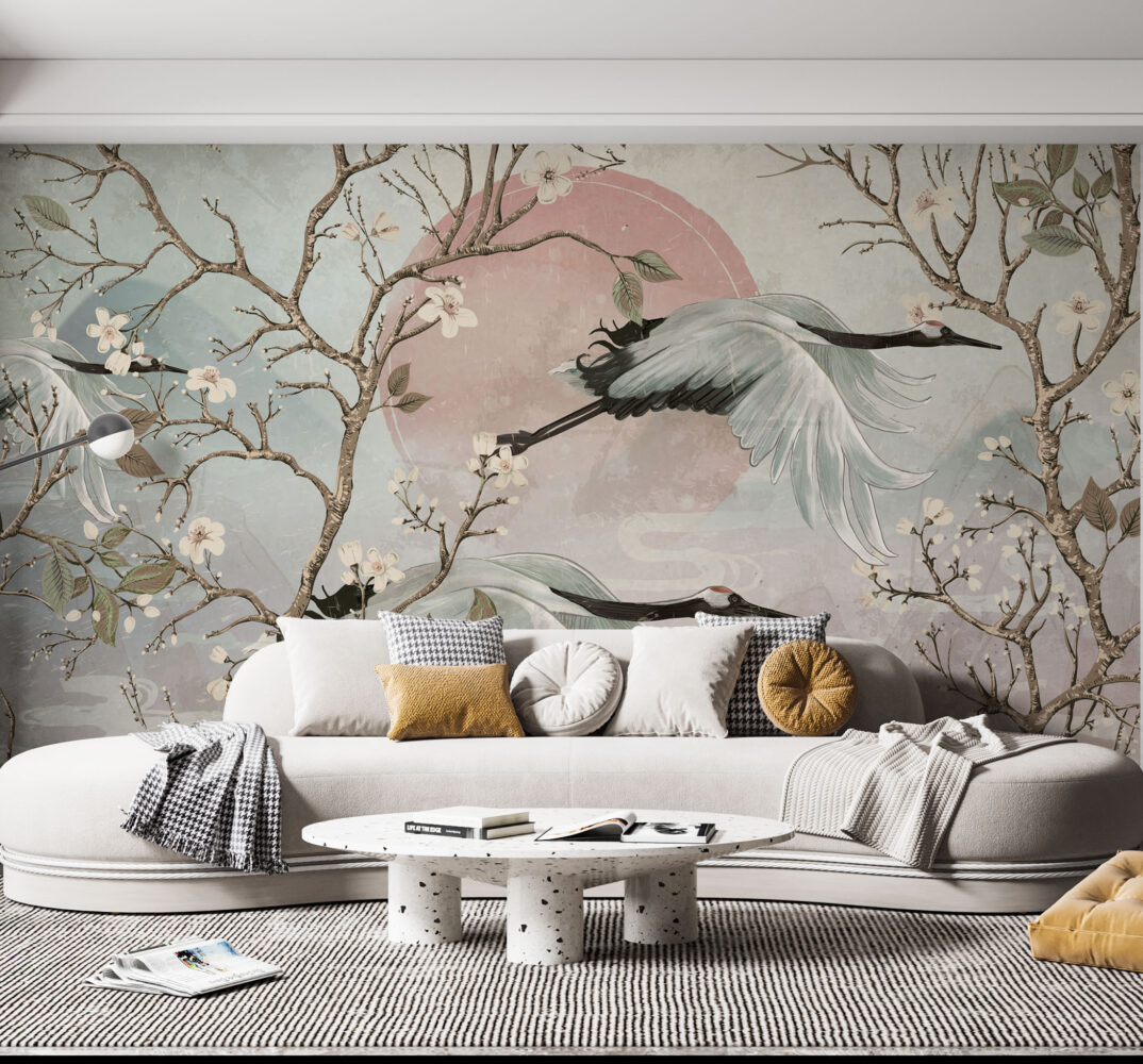 Chinoiserie Crane Wallpaper : Blush Sunrise Blossom Branch Mural - flat design
