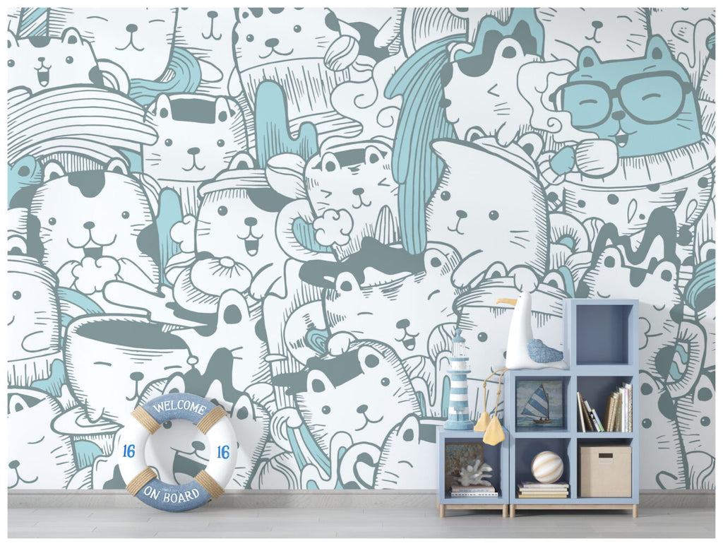 Doodle Cats Wallpaper : Turquoise Line Art Kitty Pattern - View 4