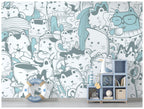 Doodle Cats Wallpaper : Turquoise Line Art Kitty Pattern - View 4