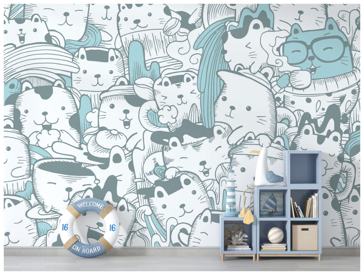 Doodle Cats Wallpaper : Turquoise Line Art Kitty Pattern - View 4