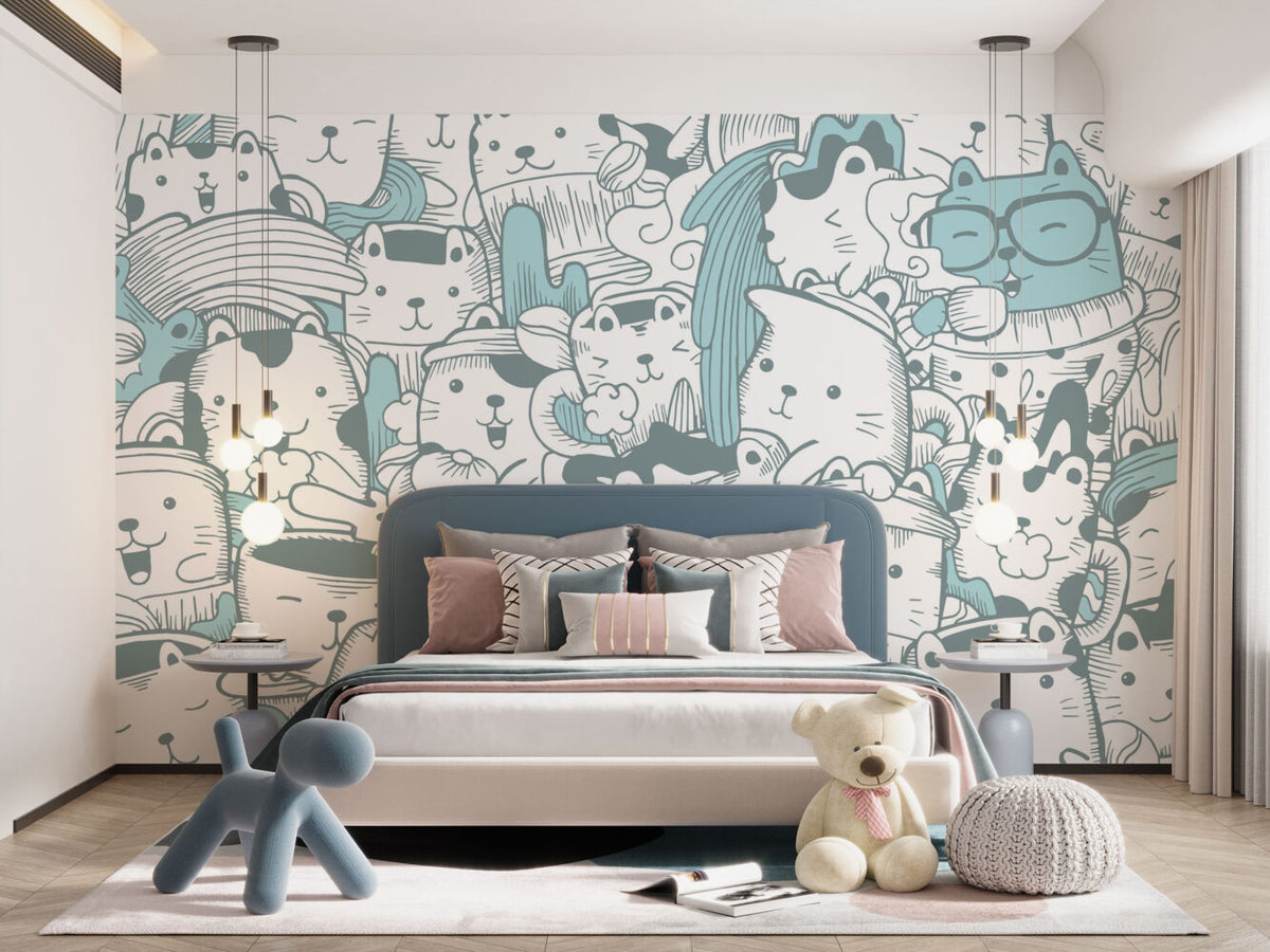Doodle Cats Wallpaper : Turquoise Line Art Kitty Pattern - View 2