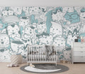 Doodle Cats Wallpaper : Turquoise Line Art Kitty Pattern