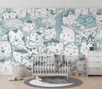 Doodle Cats Wallpaper : Turquoise Line Art Kitty Pattern