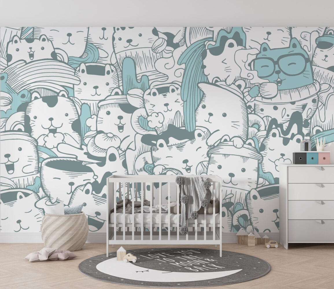 Doodle Cats Wallpaper : Turquoise Line Art Kitty Pattern