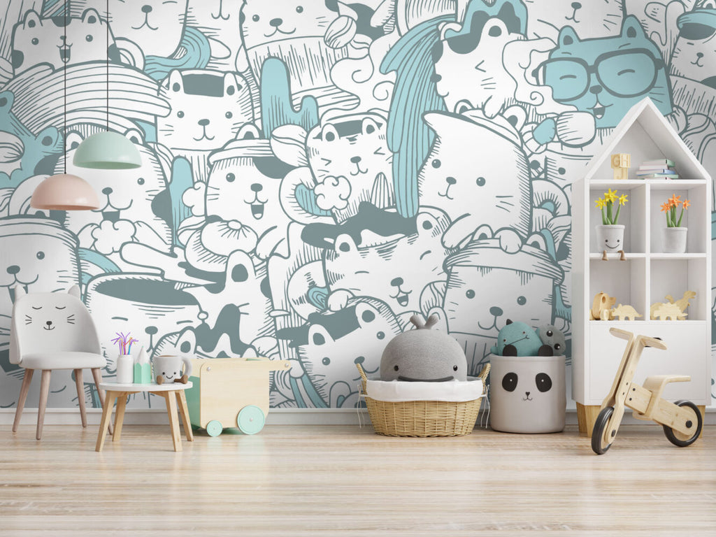 Doodle Cats Wallpaper : Turquoise Line Art Kitty Pattern - View 3