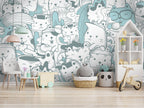 Doodle Cats Wallpaper : Turquoise Line Art Kitty Pattern - View 3