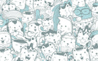 Doodle Cats Wallpaper : Turquoise Line Art Kitty Pattern - flat design