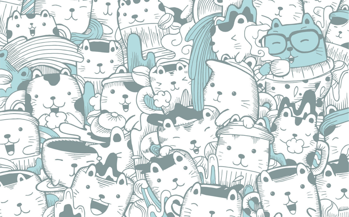 Doodle Cats Wallpaper : Turquoise Line Art Kitty Pattern - flat design