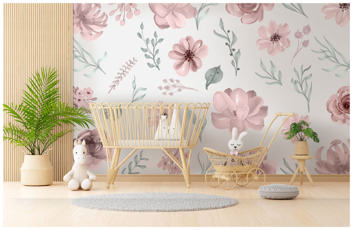 Blush Watercolor Floral Wallpaper : Pink Roses And Leaves Pattern - View 2