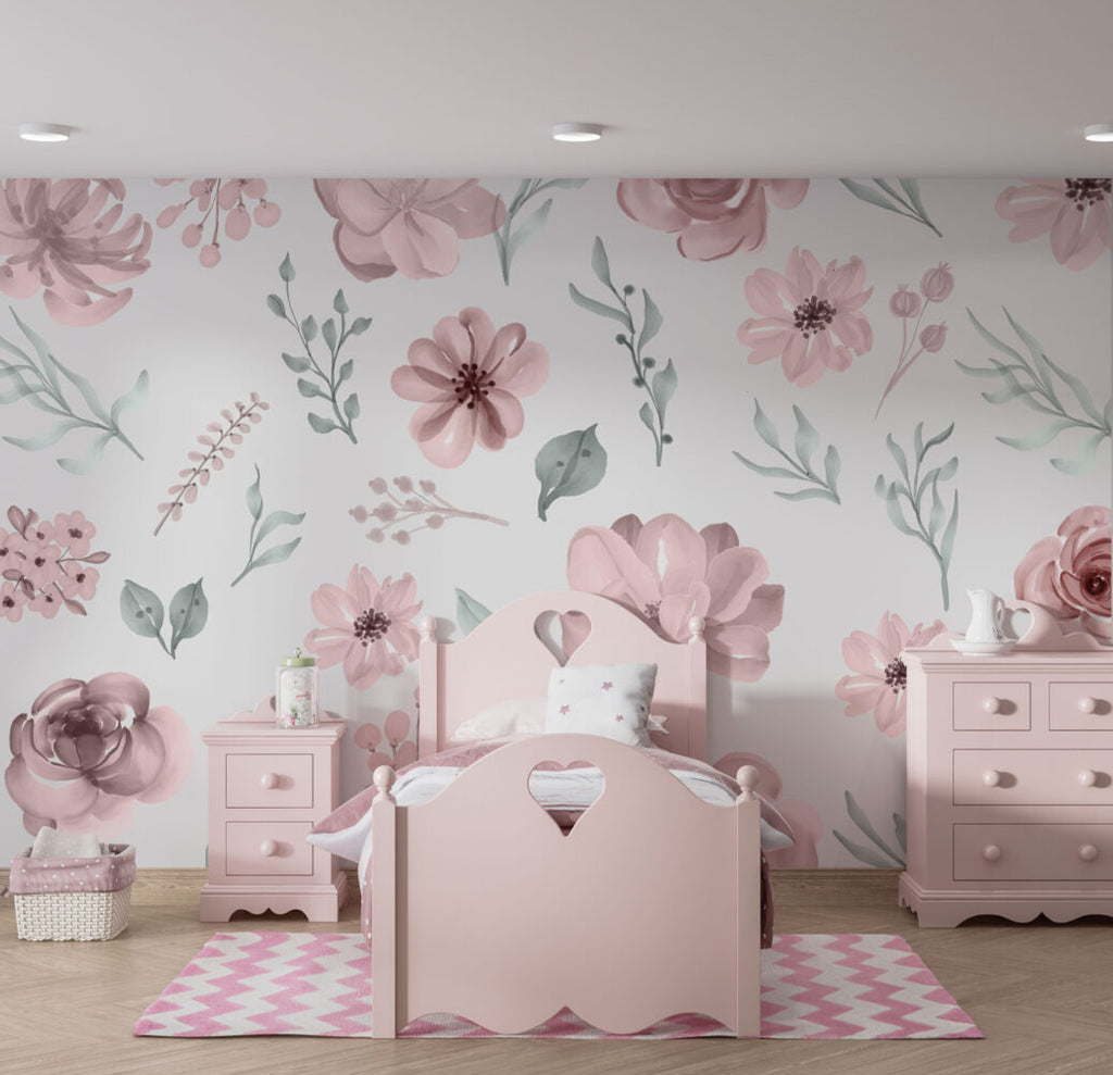 Blush Watercolor Floral Wallpaper : Pink Roses And Leaves Pattern - View 3