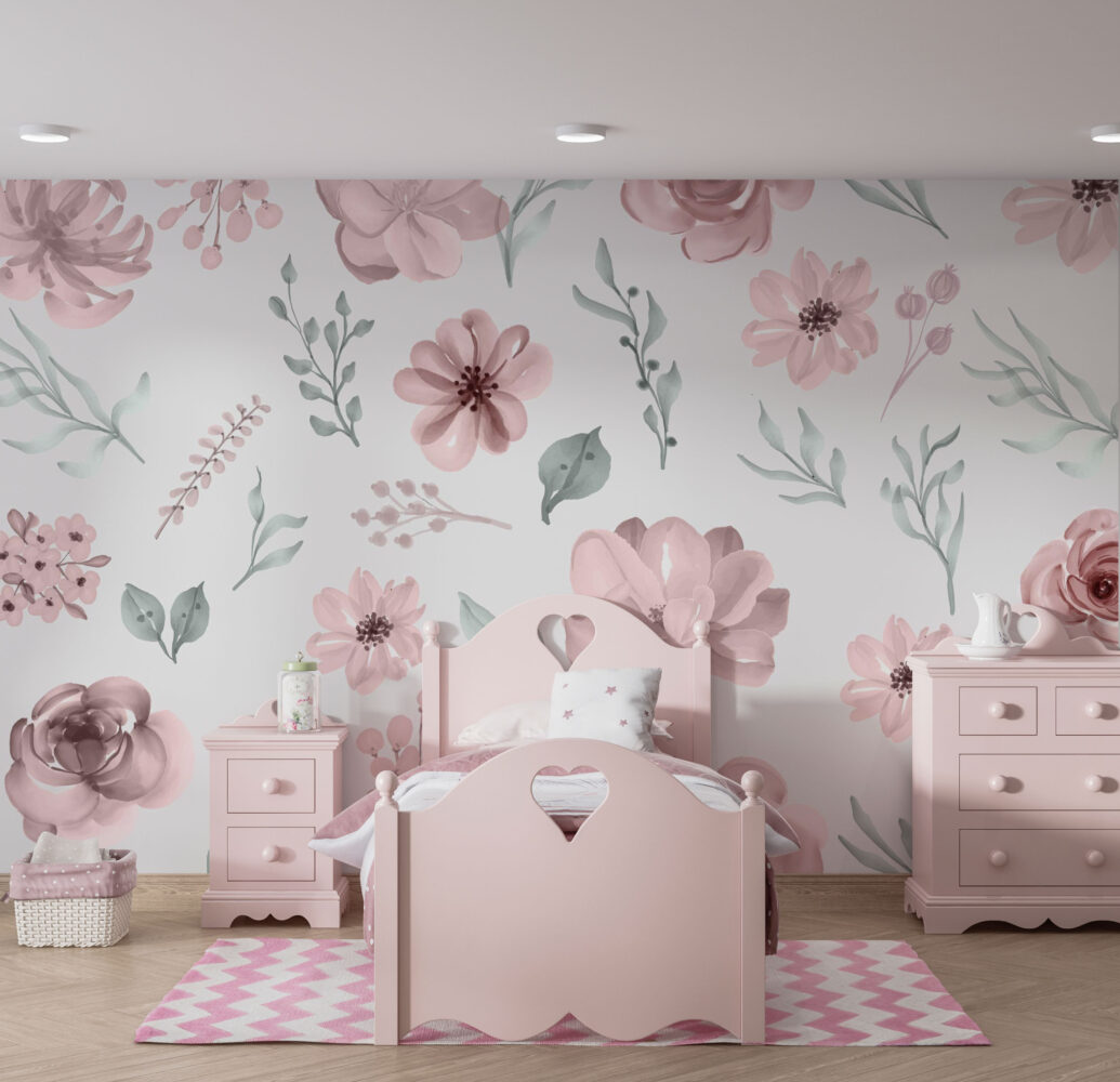 Blush Watercolor Floral Wallpaper : Pink Roses And Leaves Pattern - View 3