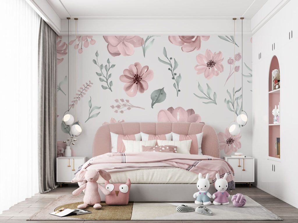 Blush Watercolor Floral Wallpaper : Pink Roses And Leaves Pattern - View 4