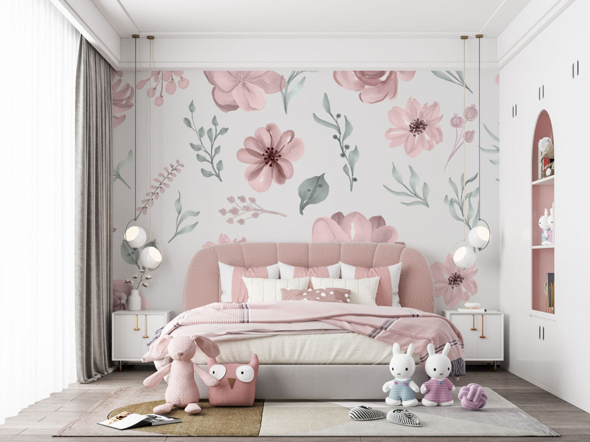 Blush Watercolor Floral Wallpaper : Pink Roses And Leaves Pattern - View 4