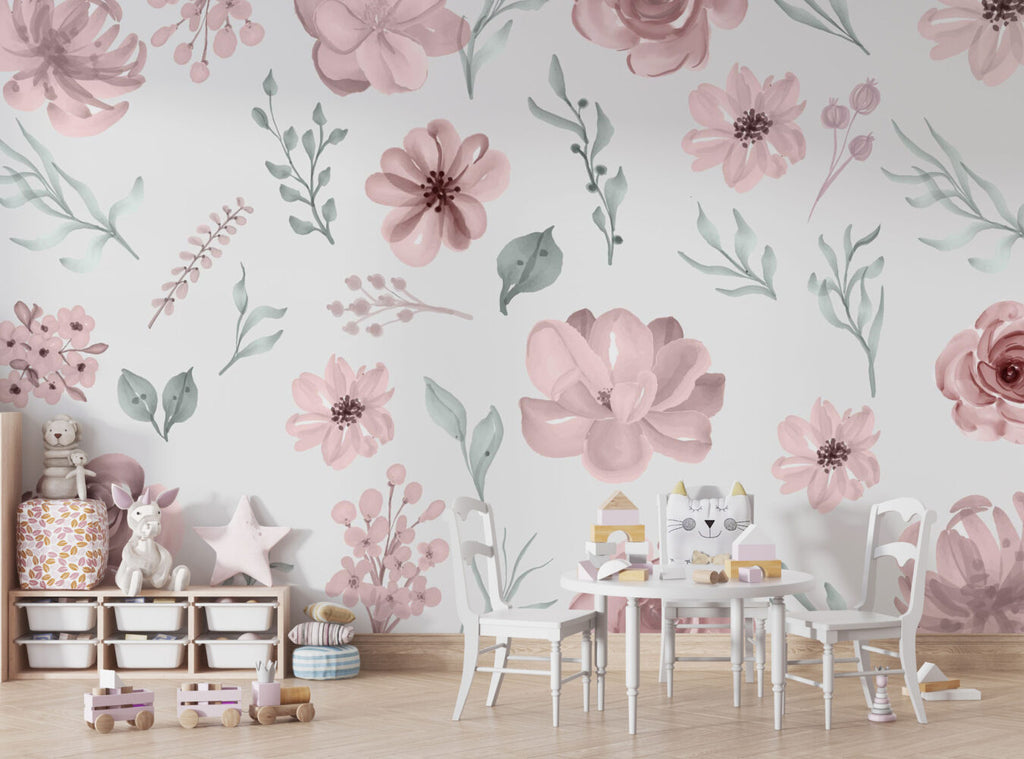 Blush Watercolor Floral Wallpaper : Pink Roses And Leaves Pattern