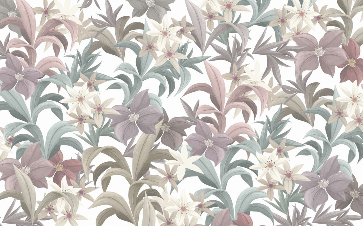 Pastel Lily Leaf Wallpaper : Mauve Sage Botanical Pattern - flat design