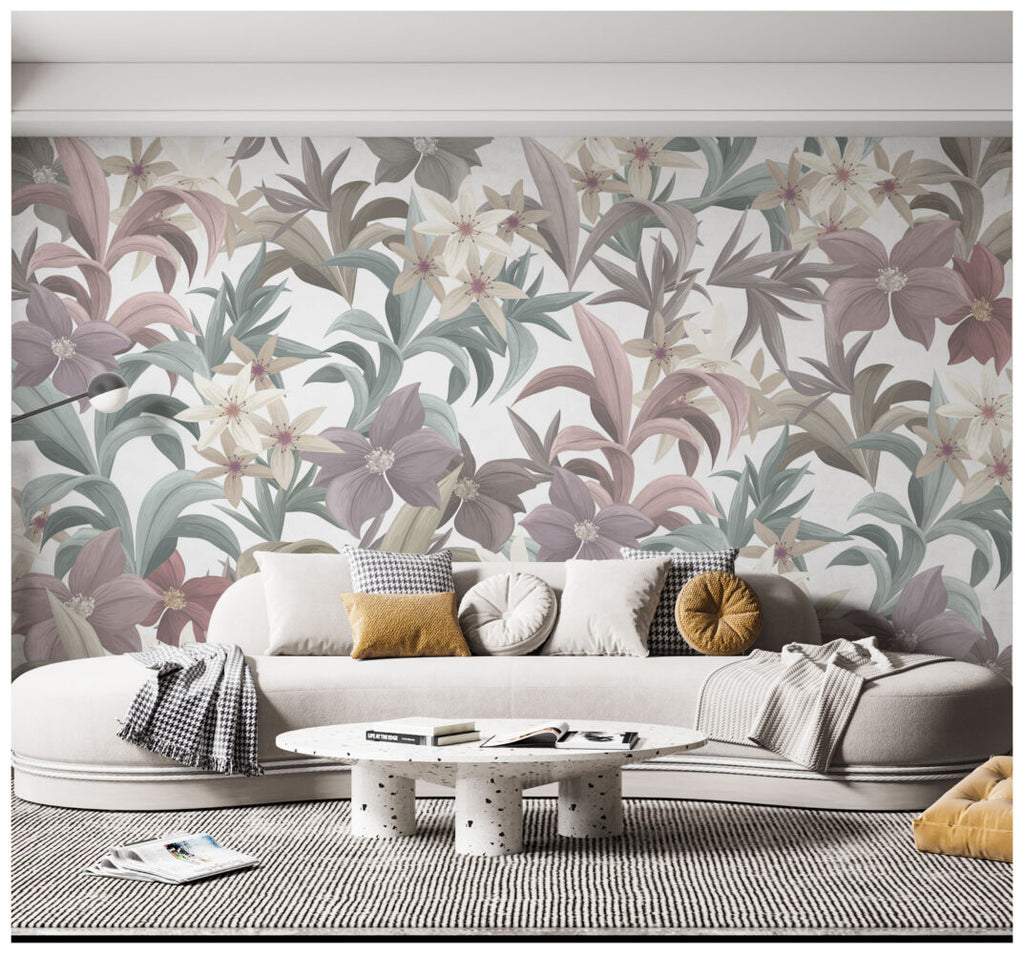 Pastel Lily Leaf Wallpaper : Mauve Sage Botanical Pattern - View 2