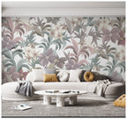 Pastel Lily Leaf Wallpaper : Mauve Sage Botanical Pattern - View 2