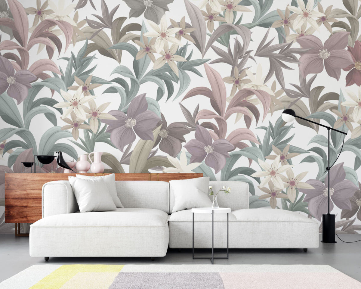 Pastel Lily Leaf Wallpaper : Mauve Sage Botanical Pattern - View 3