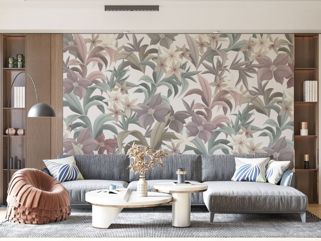 Pastel Lily Leaf Wallpaper : Mauve Sage Botanical Pattern - View 4
