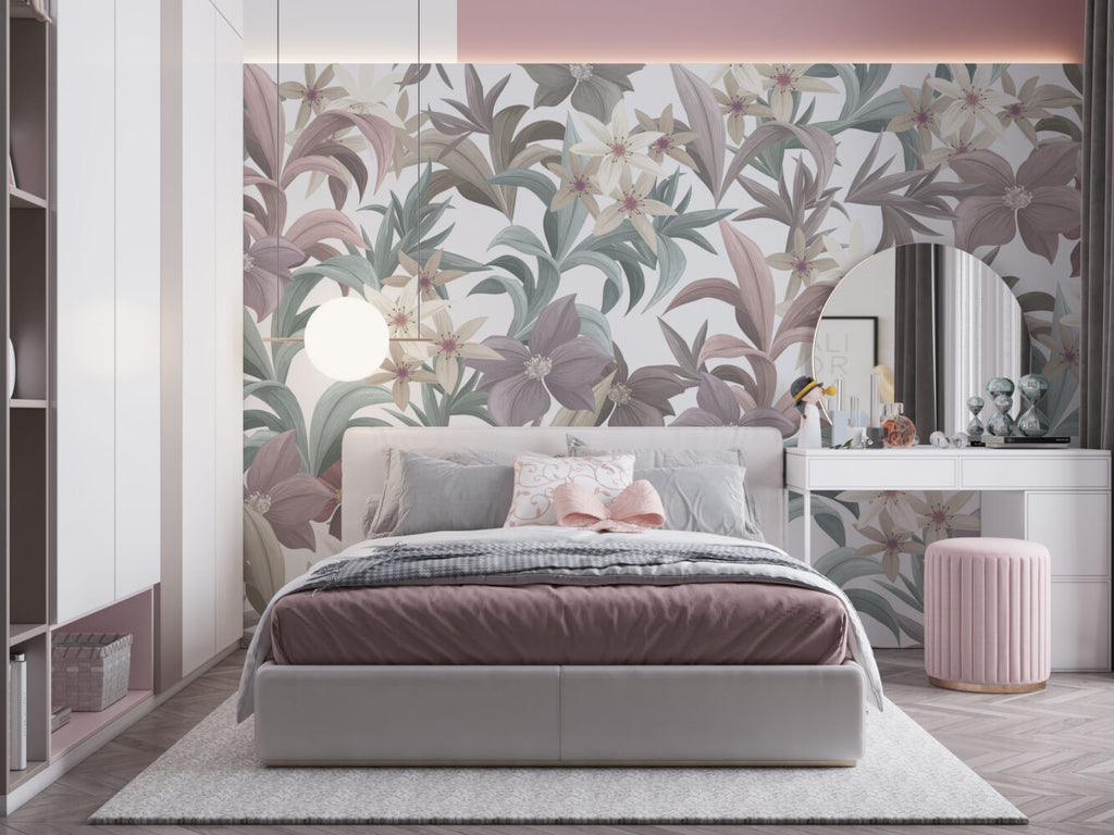 Pastel Lily Leaf Wallpaper : Mauve Sage Botanical Pattern