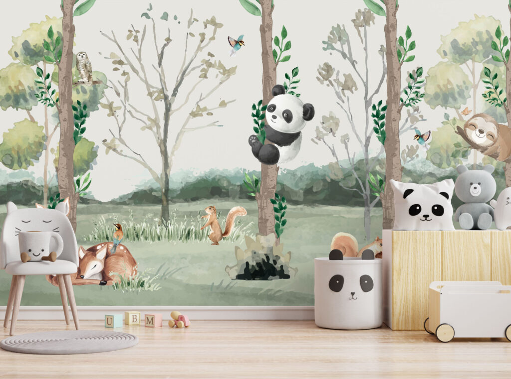 Panda in the Forest Wallpaper : Kids Woodland Mural - View 3