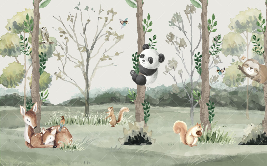 Panda in the Forest Wallpaper : Kids Woodland Mural - View 2