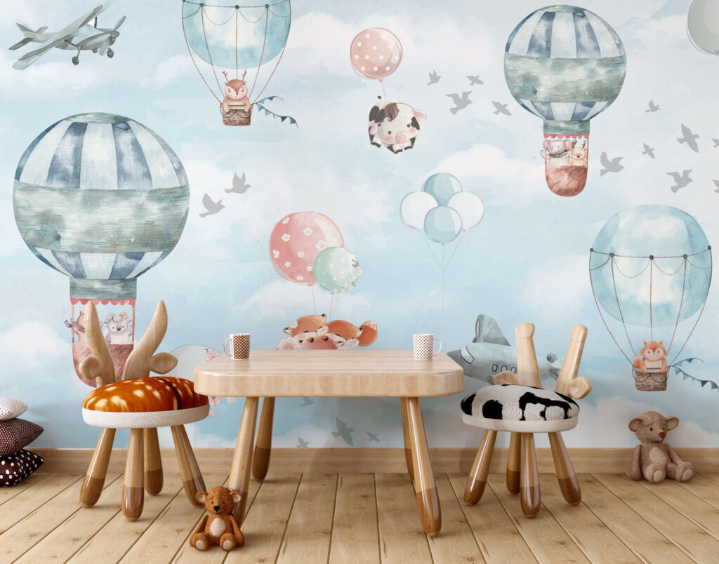 Pastel Balloon Sky Wallpaper : Kids Planes and Balloons Mural - View 3