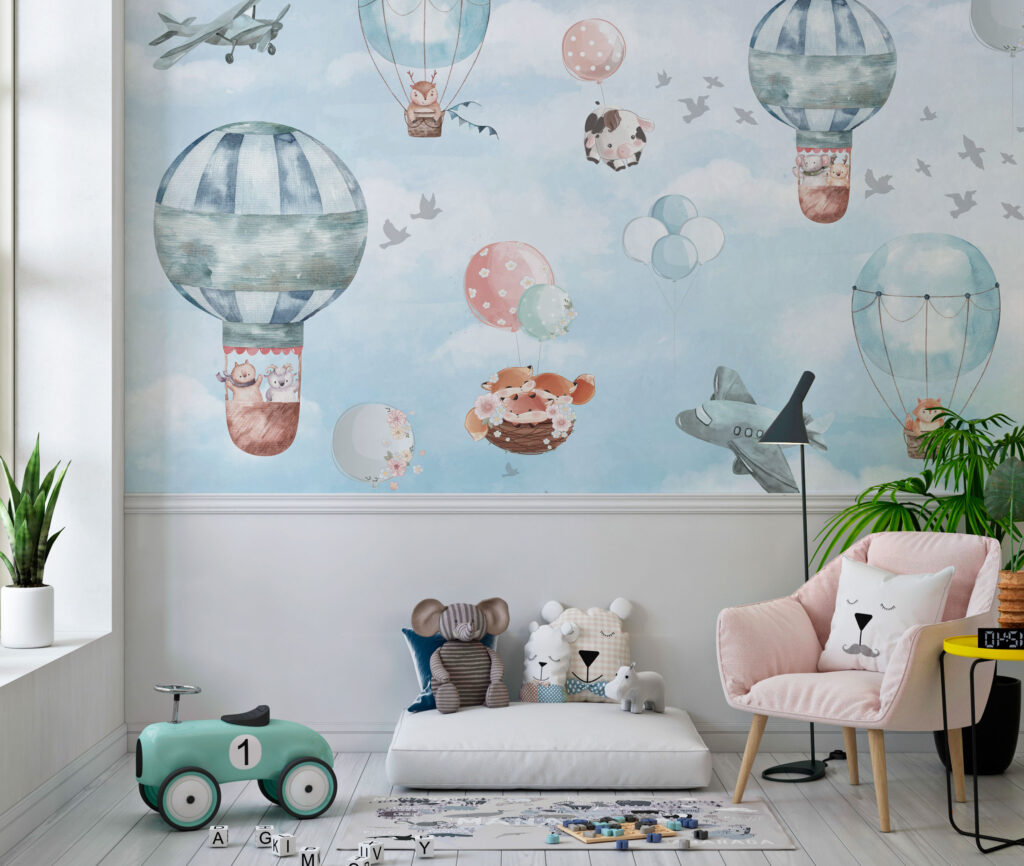 Pastel Balloon Sky Wallpaper : Kids Planes and Balloons Mural - View 5