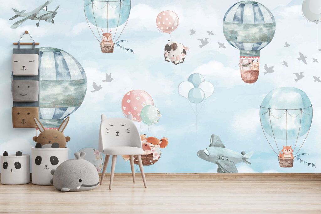 Pastel Balloon Sky Wallpaper : Kids Planes and Balloons Mural - View 4