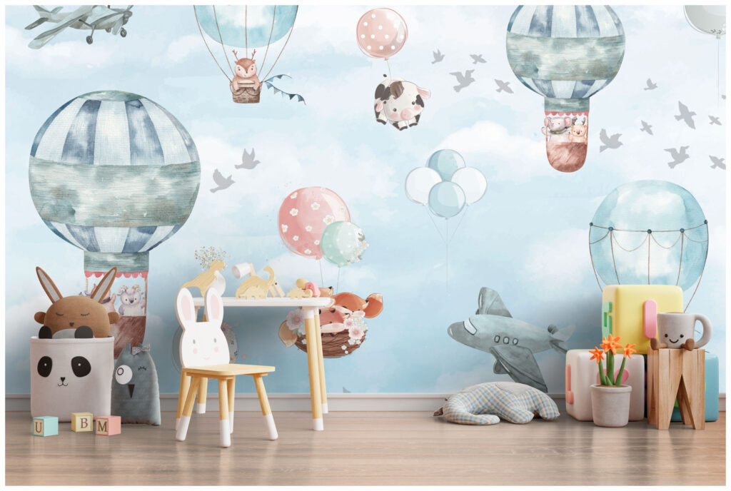 Pastel Balloon Sky Wallpaper : Kids Planes and Balloons Mural
